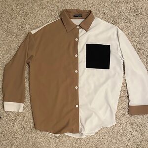 SHEIN Brown and White Button-Up Shirt with Black Pocket